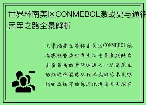 世界杯南美区CONMEBOL激战史与通往冠军之路全景解析 世界杯南美区CONMEBOL激战史与通往冠军之路全景解析