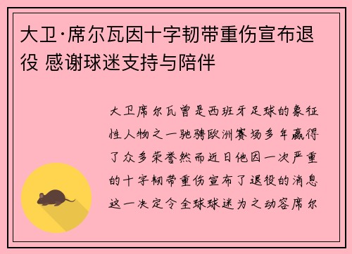 大卫·席尔瓦因十字韧带重伤宣布退役 感谢球迷支持与陪伴 大卫·席尔瓦因十字韧带重伤宣布退役 感谢球迷支持与陪伴